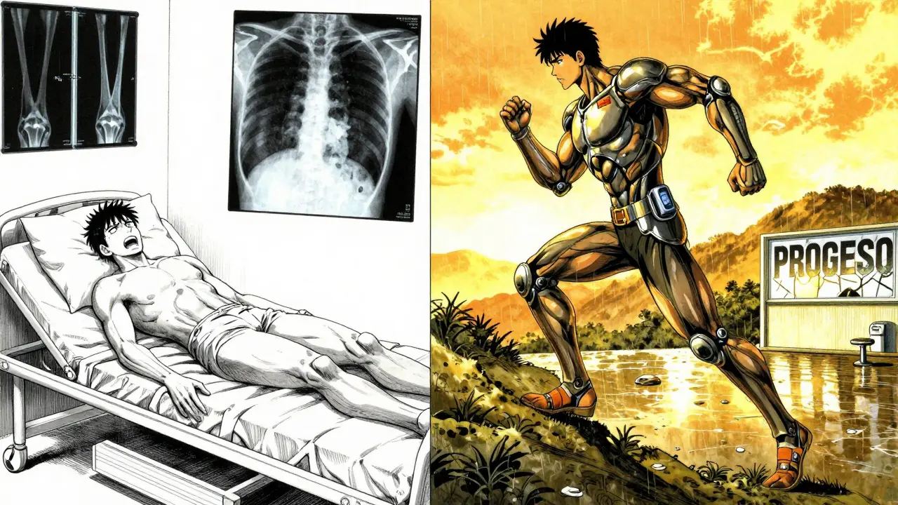 Transformación del paciente: de dolor crónico a movilidad restaurada, corriendo bajo el sol con sensores brillantes.