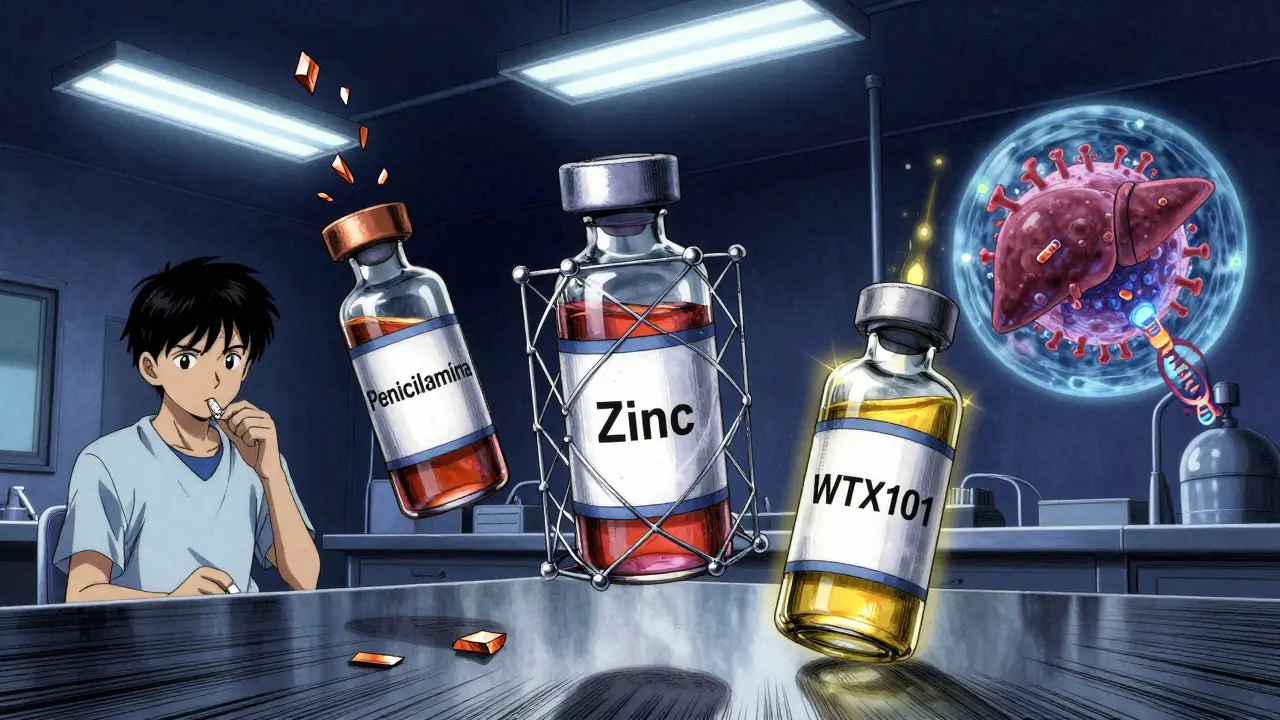 Tres tratamientos para la enfermedad de Wilson flotando junto a un virus que corrige el gen ATP7B.