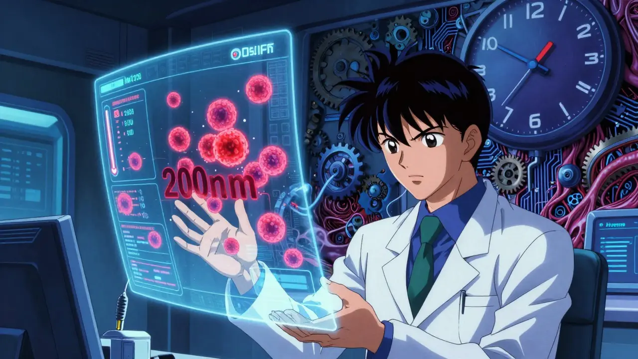 Un científico observa datos holográficos de estabilidad de medicamentos, con partículas nanométricas en alerta roja.