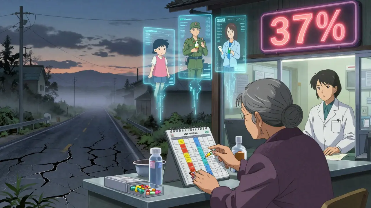 Una anciana mira un calendario de pastillas en una farmacia rural, con siluetas de pacientes flotando en la niebla.