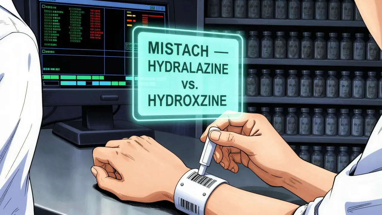 Una enfermera escanea un medicamento mientras una alerta digital muestra un error de nombre similar.