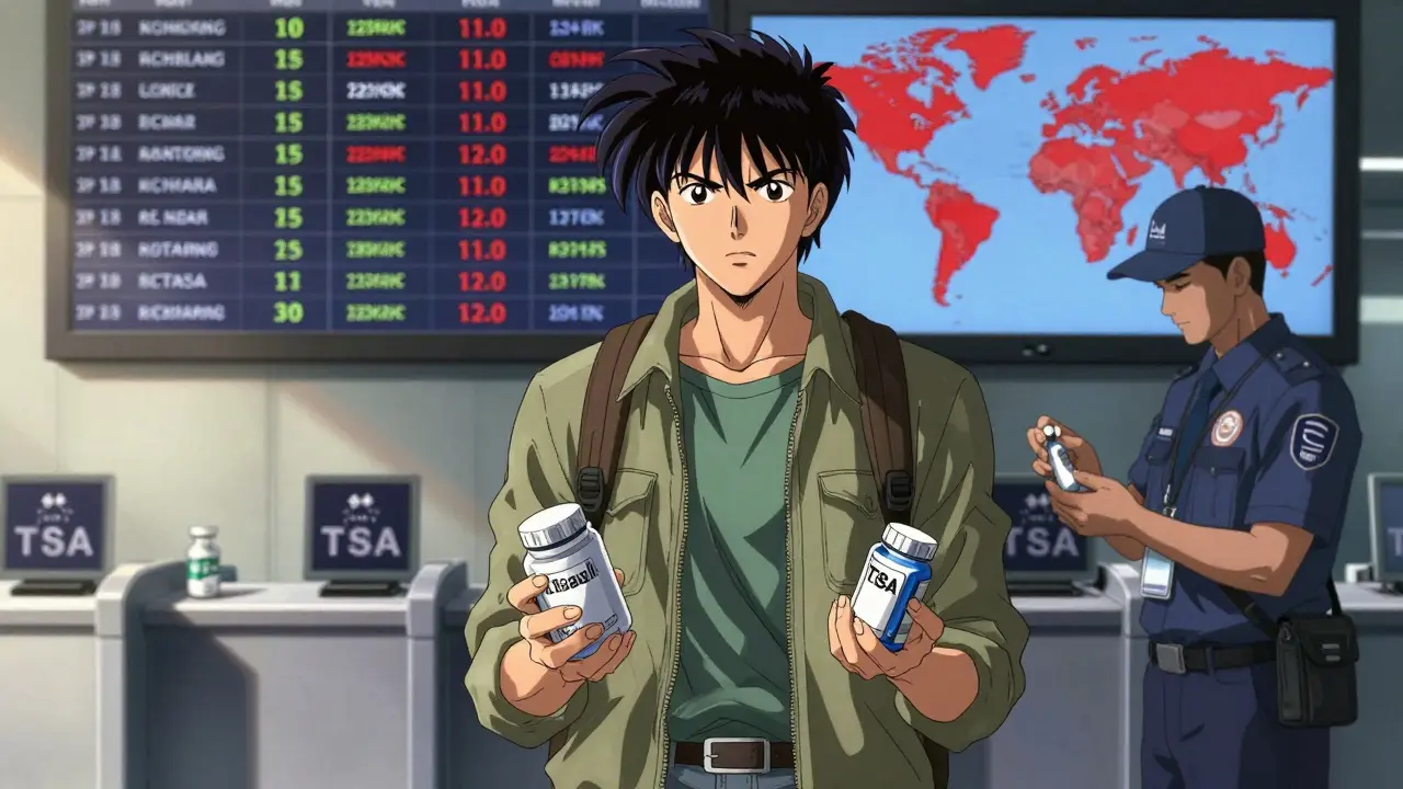 Viajero en control de seguridad del aeropuerto con dos contenedores de medicamentos.