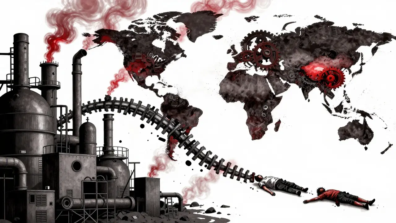 Cadena de suministro farmacéutica rota como una espina dorsal mecánica, con pacientes desvaneciéndose a lo largo de tuberías que sangran humo rojo.