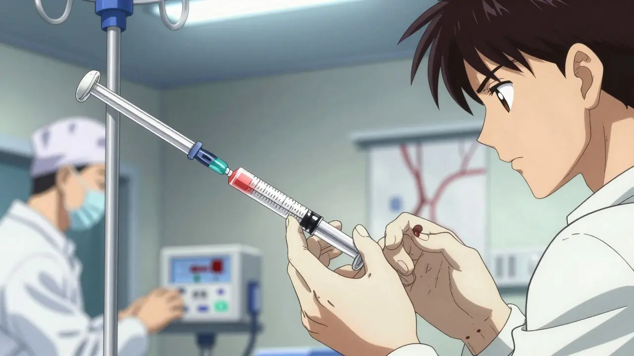 Equipo médico administrando antídoto en sala de emergencias por hemorragia.