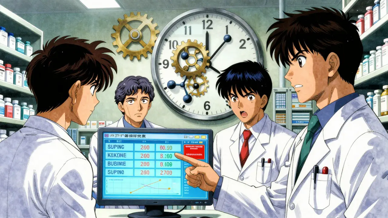 Equipo médico analizando fechas de expiración de patentes en pantallas digitales en una farmacia hospitalaria.