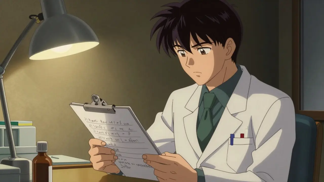 Farmacéutico revisando lista de medicamentos en clínica