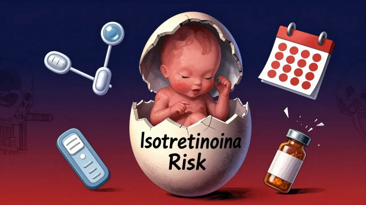 Feto dentro de un huevo agrietado rodeado de símbolos de riesgo y anticoncepción.