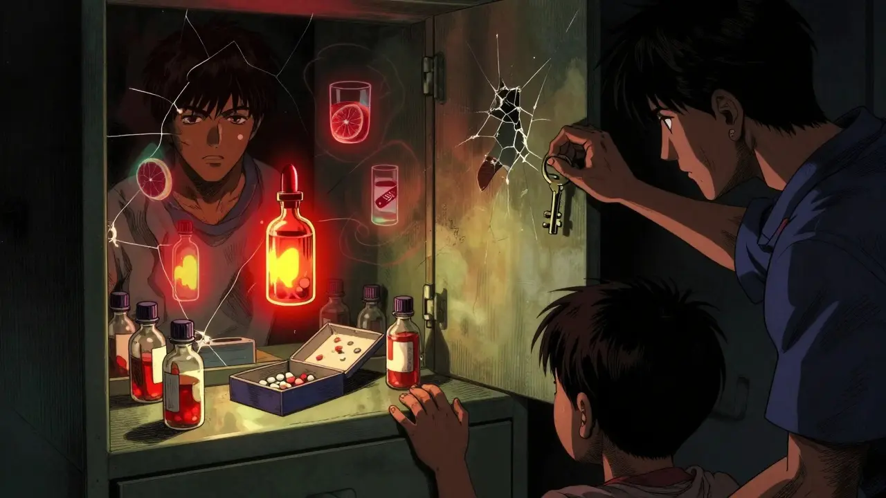 Gabinete de medicamentos con envases peligrosos brillando en rojo y amarillo mientras un cuidador lo cierra con llave.