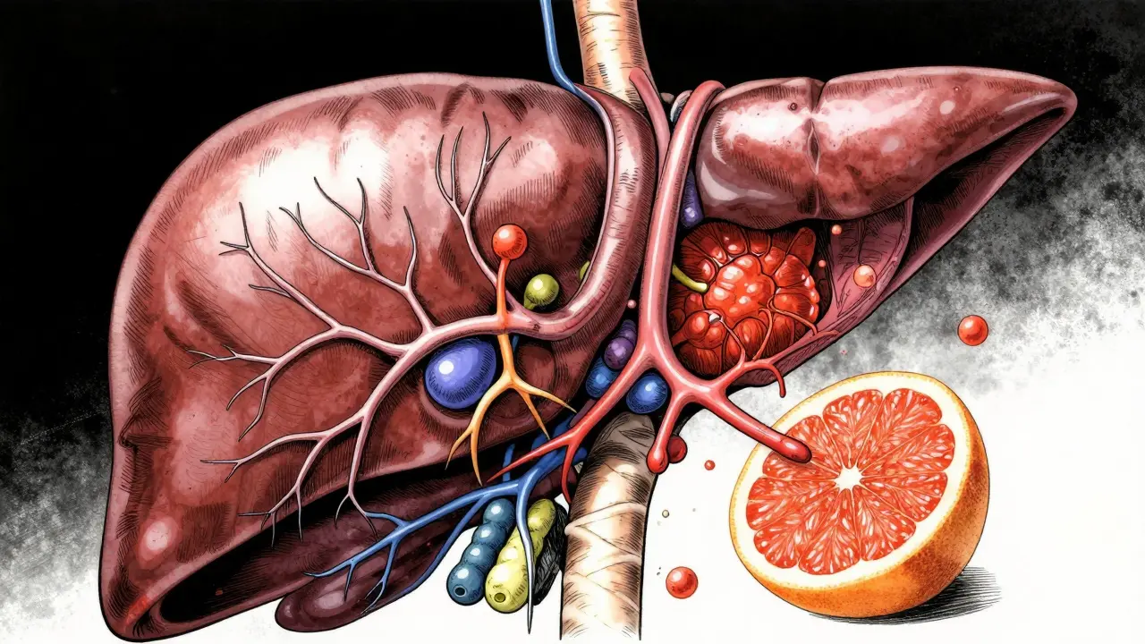 Hígado con enzimas CYP450 inhibidas por toronja