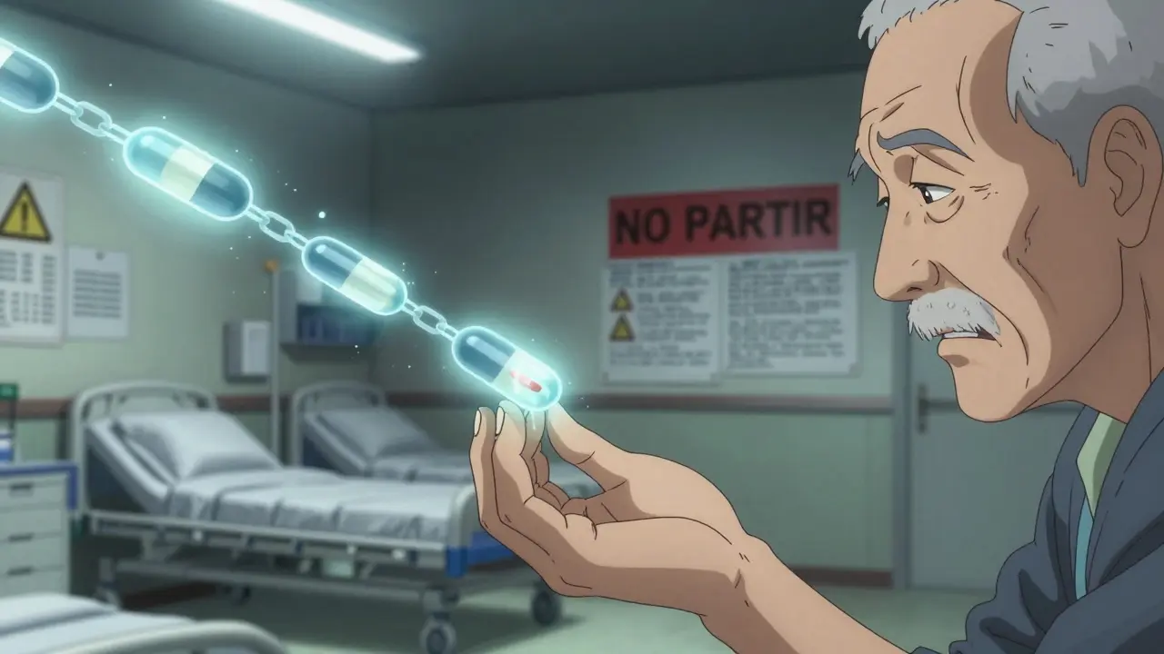 Mano de un adulto mayor acercándose a una pastilla mientras moléculas tóxicas flotan como cadenas fantasmales.