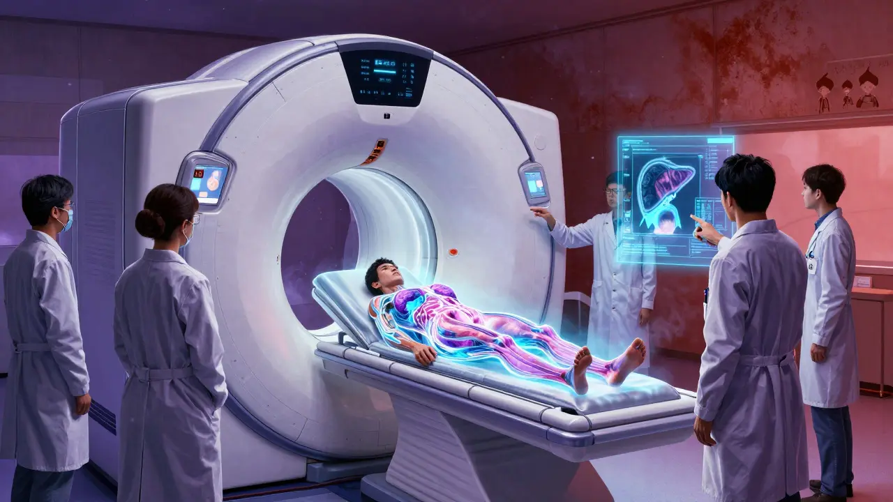 Máquina PET-MRI biomecánica escaneando a un paciente, con capas de datos flotantes y radiólogos en estilo Kentaro Miura.
