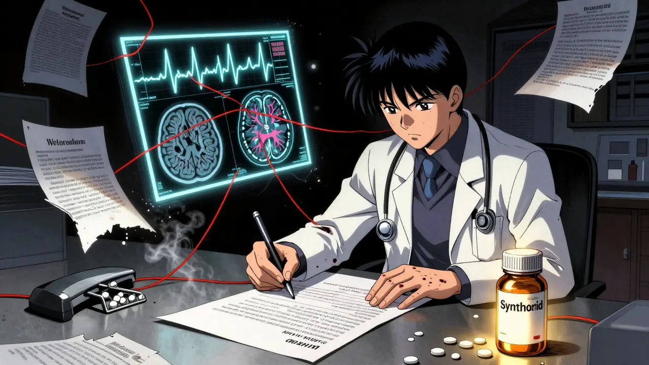 Médico escribiendo una carta de apelación con evidencia médica flotante y luz tenue, píldoras genéricas destruidas.