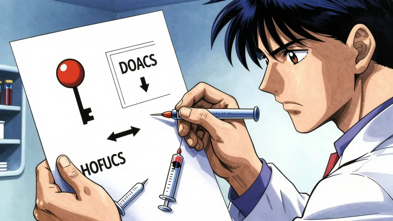 Médico examinando resultados de pruebas de anticoagulantes en hospital.