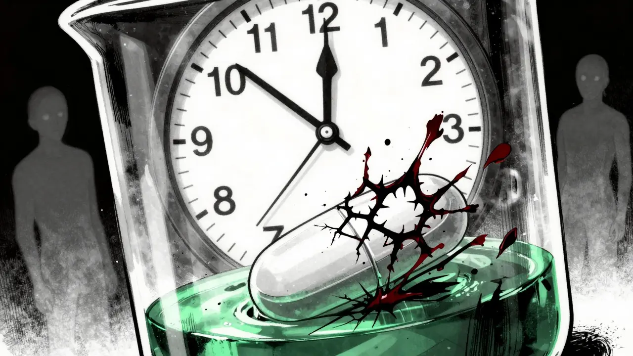 Píldora descomponiéndose en un líquido, con estructuras moleculares dañadas y figuras de pacientes desvaneciéndose.