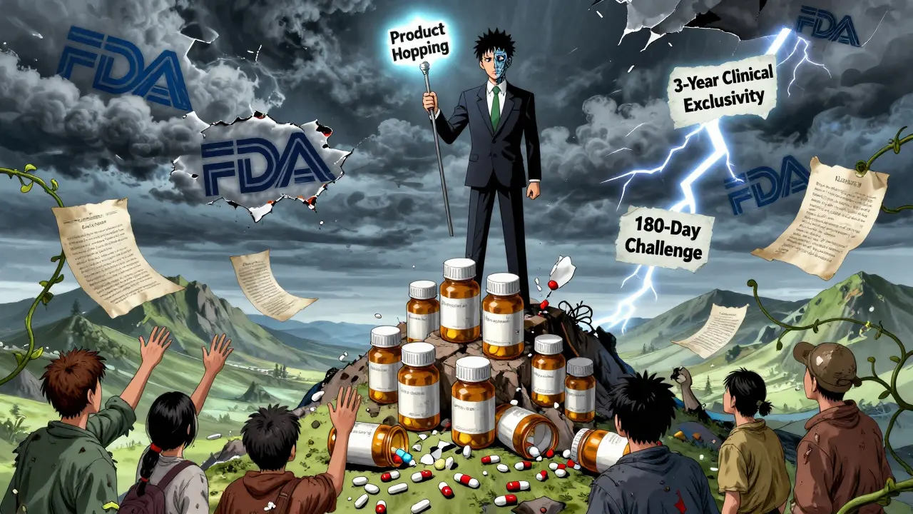 Un ejecutivo farmacéutico domina una montaña de pastillas mientras pacientes desesperados intentan alcanzarlas, en estilo Miura con atmósfera distópica.