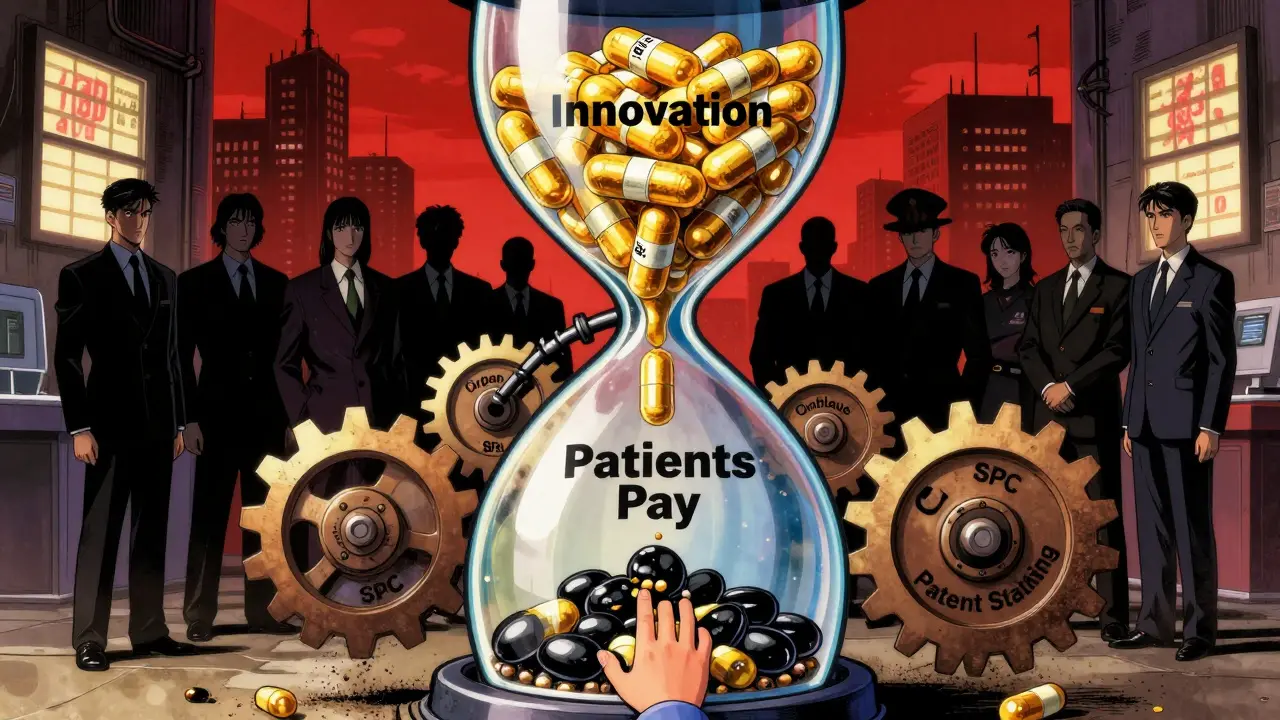 Una clepsidra gigante muestra el tiempo de exclusividad farmacéutica mientras engranajes legales la hacen girar, con pacientes en segundo plano en estilo anime crudo.