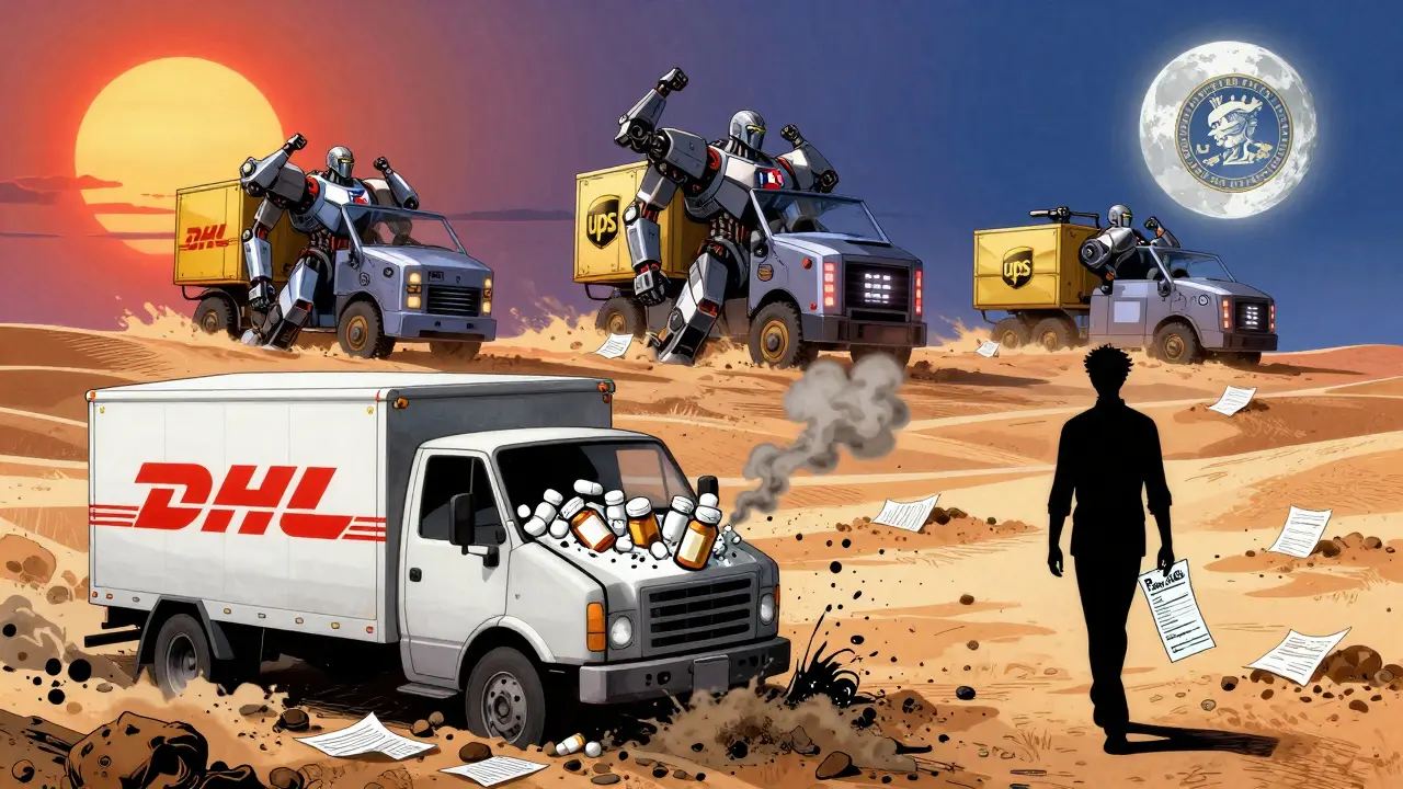 Camión postal destruido en un desierto de papeles, mientras tres vehículos de mensajería avanzan como caballeros mecánicos bajo un cielo con sello de aduana.