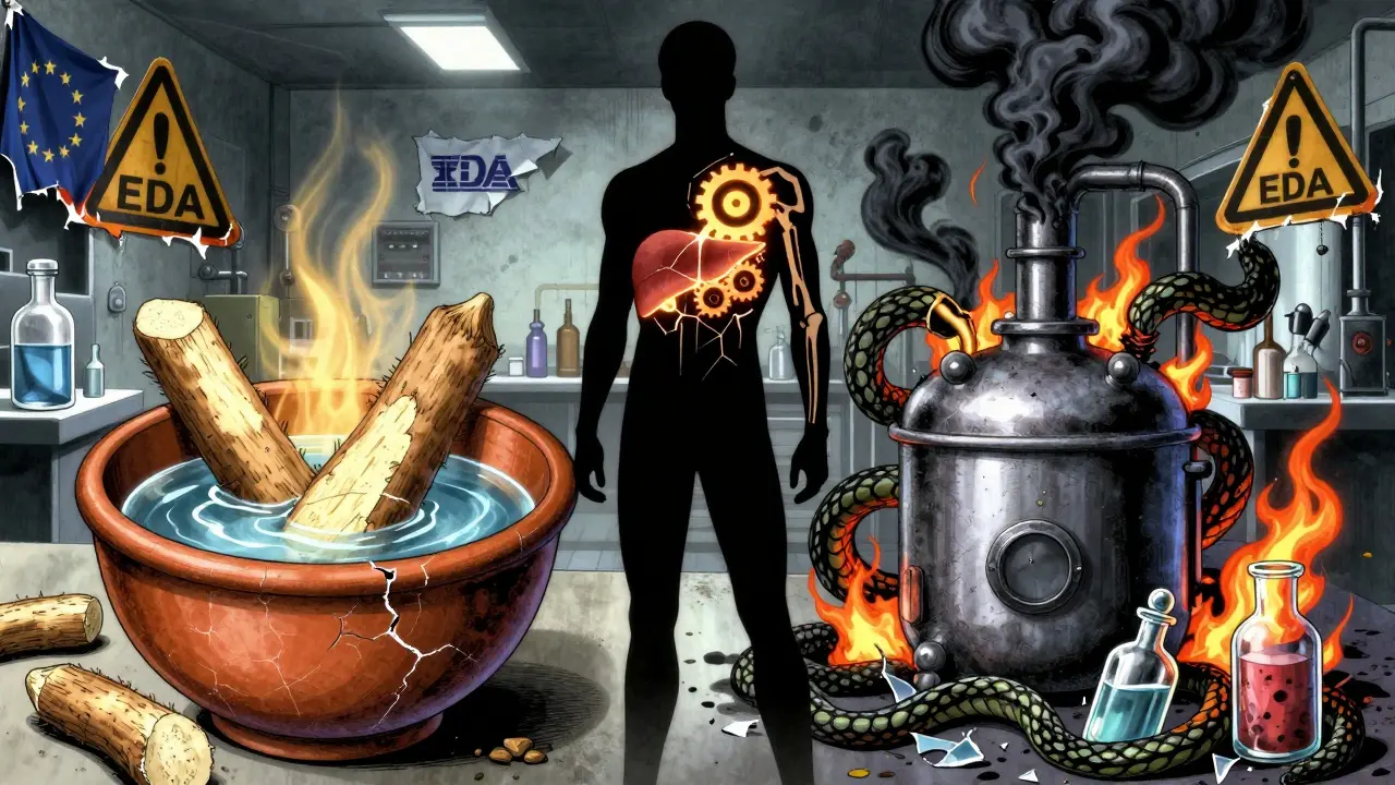 Comparación visual entre extracción tradicional de kava con agua y extractos químicos tóxicos, en estilo Miura con detalles siniestros.