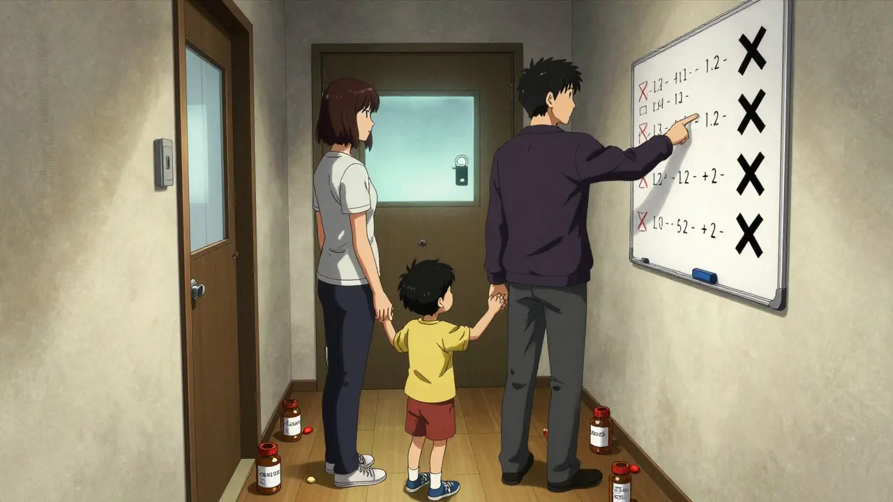 Dos adultos observan una pizarra compartida con marcas de medicamentos tomados.