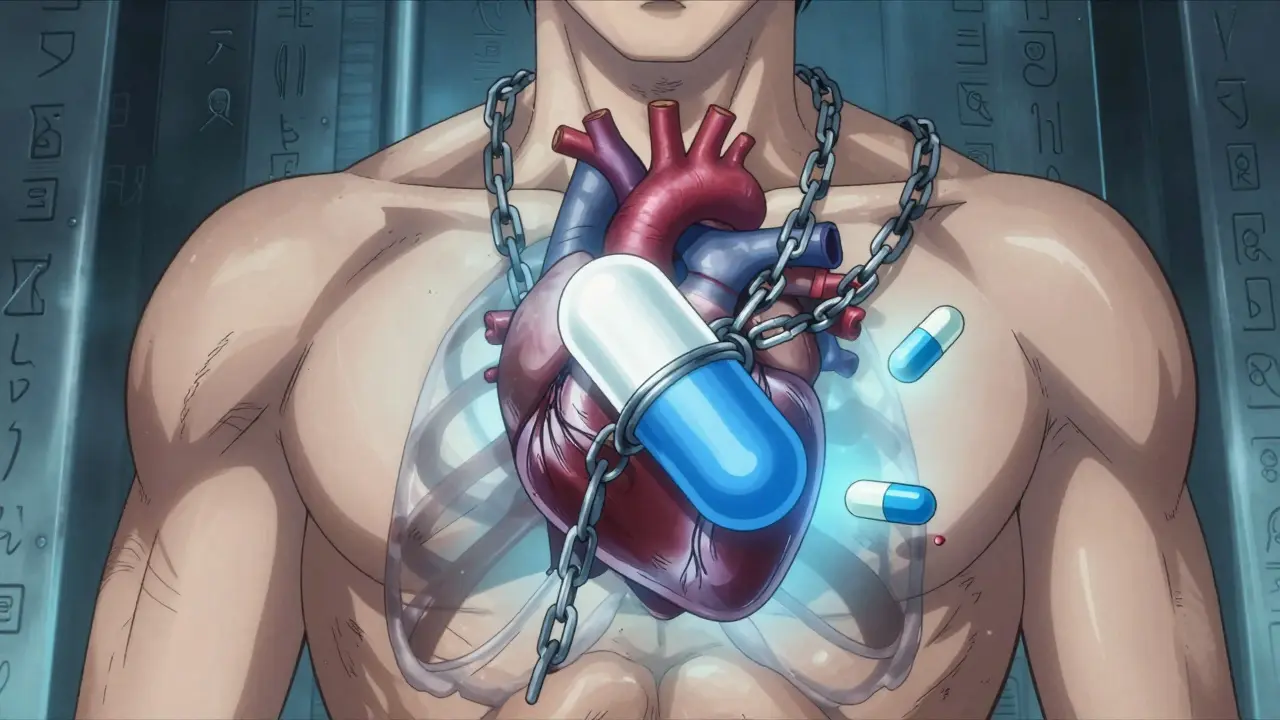 El pecho abierto de un paciente muestra una pastilla combinada encadenada junto a dos pastillas genéricas libres, iluminadas por luz fría en un entorno médico metálico.