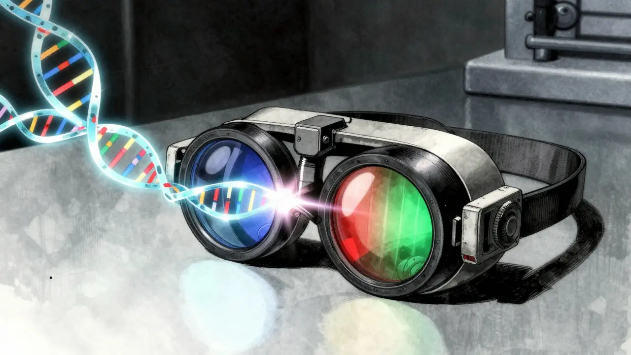 Gafas terapéuticas futuristas sobre una mesa de laboratorio con cadenas de ADN