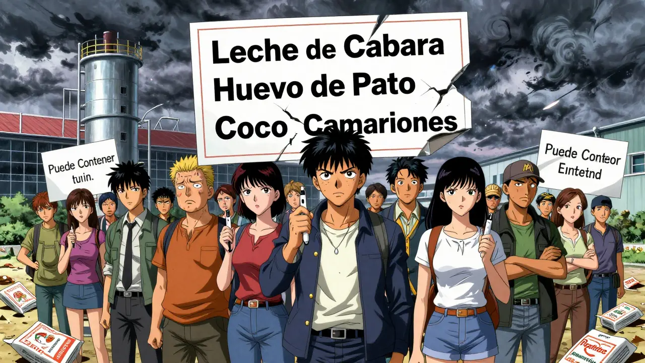 Grupo de personas con alergias protestando frente a una planta alimentaria, mientras una etiqueta gigante se divide en categorías específicas de alérgenos.