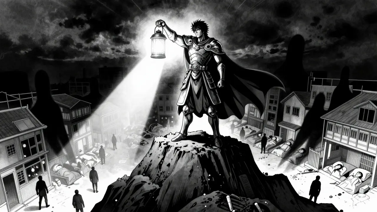 Guardián con linterna revela amenazas en ciudad dormida