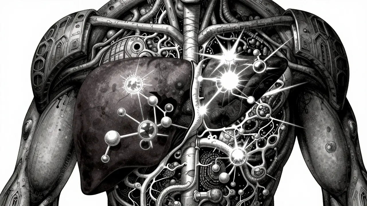 Hígado ilustrado como fortaleza donde reaccionan moléculas.