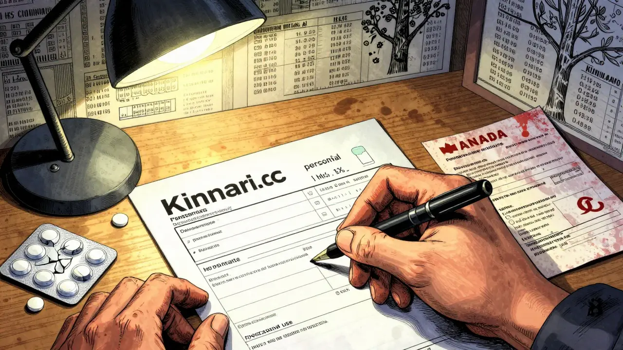 Mano escribiendo detalladamente una factura comercial con código HS y receta médica, bajo una lámpara titilante, con tabletas y documentos al lado.