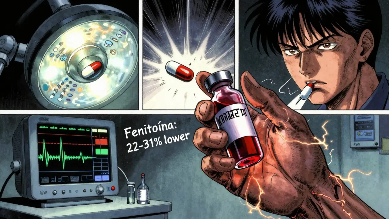 Mano sosteniendo una muestra de sangre con líneas de venas brillantes, mientras pastillas se disuelven de forma diferente.