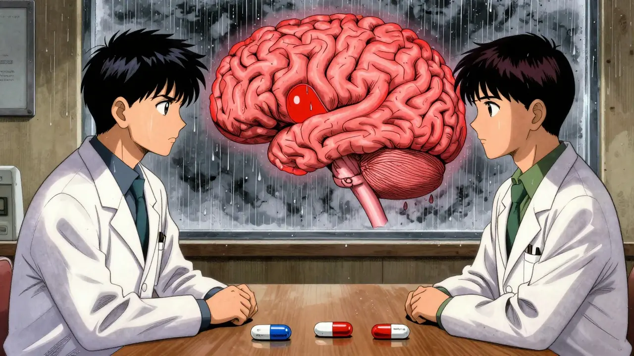 Neurólogo y paciente mirándose frente a frente, con un diagrama cerebral pulsando en rojo entre ellos.