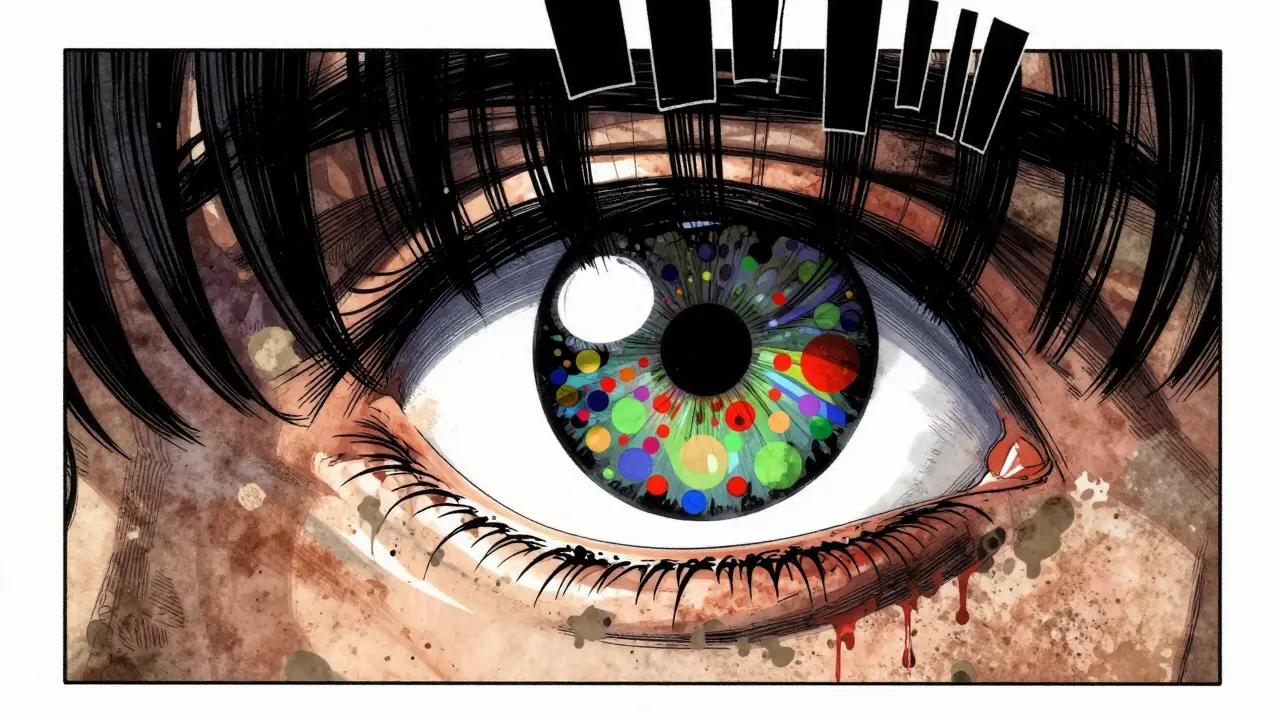 Ojo humano reflejando patrones de colores borrosos sin números legibles