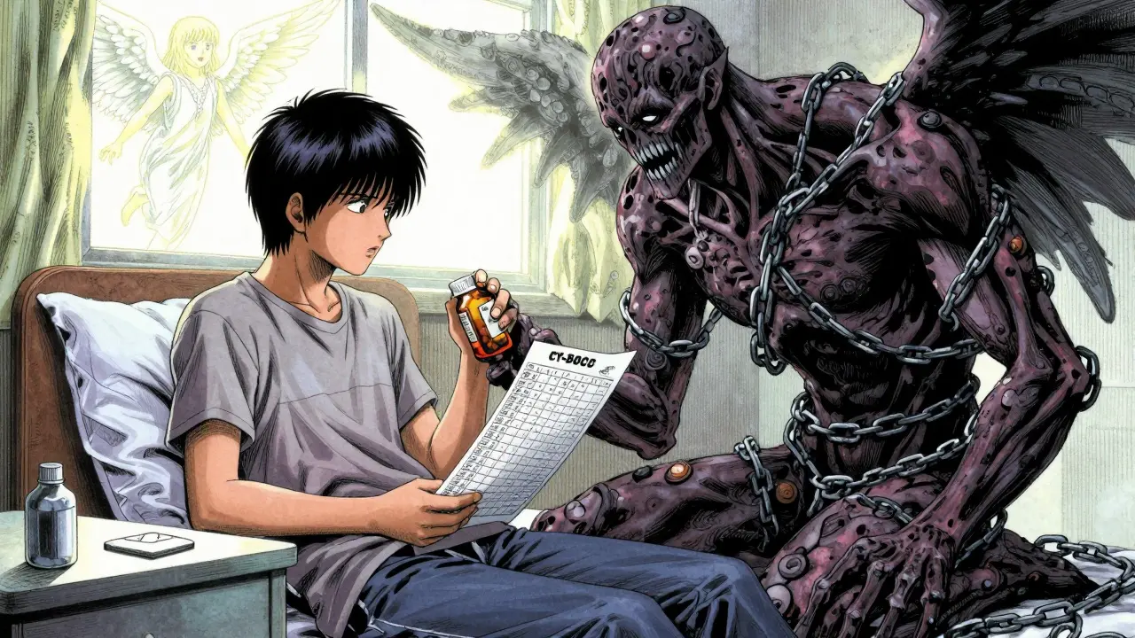 Paciente con botella de clomipramina y escalas de TOC, cuerpo parcialmente transformado en monstruo.