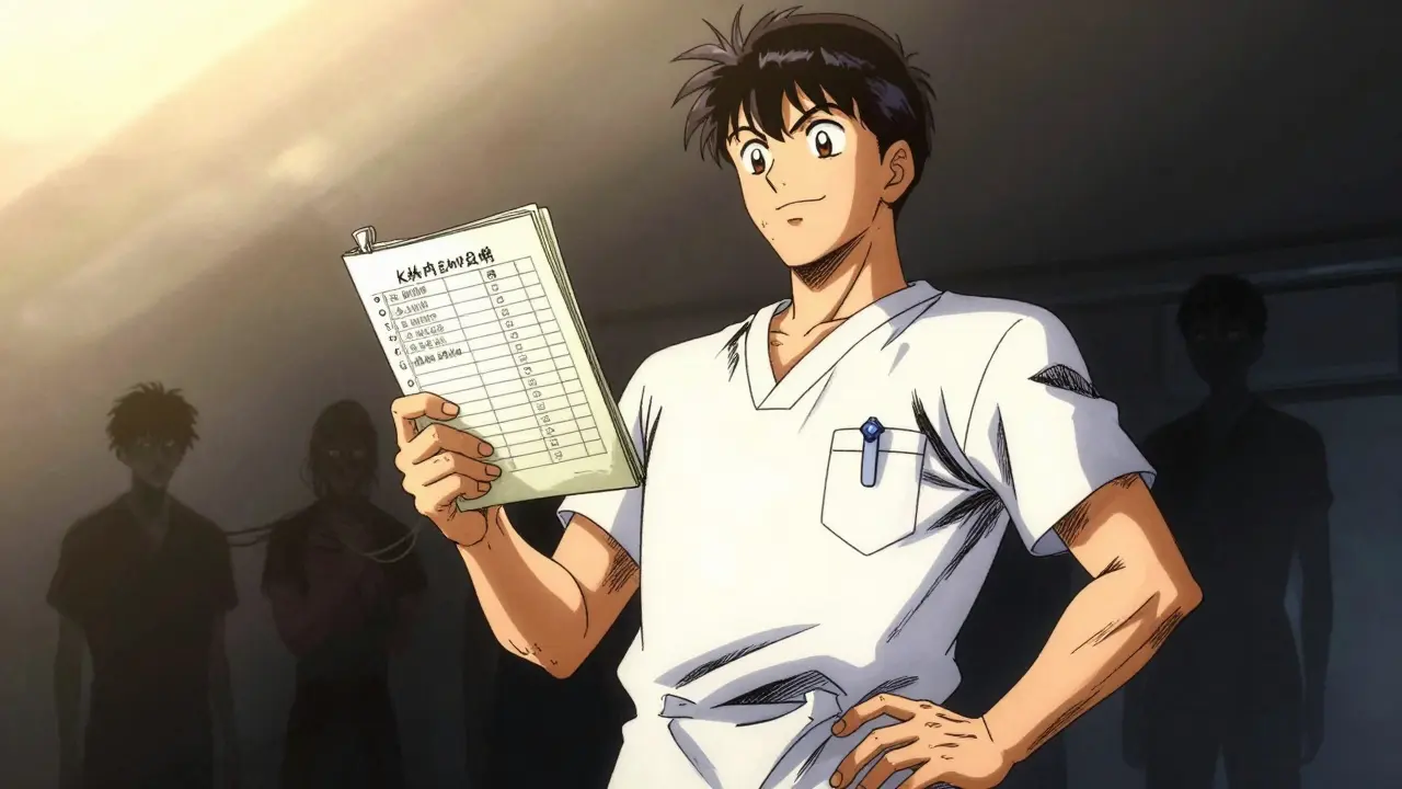 Paciente seguro revisando lista de medicación bajo luz clara.