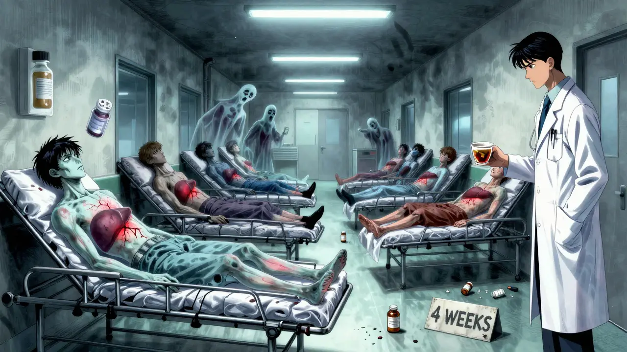 Pacientes en un hospital con hígados dañados visibles, mientras un médico sostiene una infusión segura de kava, en estilo de manga oscuro y emotivo.
