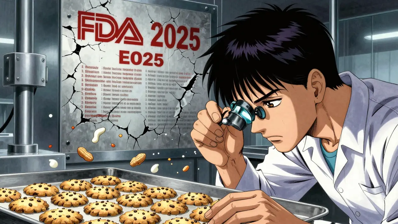 Técnico en fábrica de alimentos inspeccionando partículas de alérgenos microscópicos bajo una lupa, con regulaciones de la FDA en segundo plano.