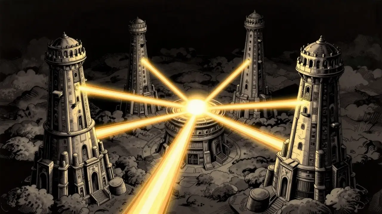 Torres conectadas por luz dorada en red sin centro central