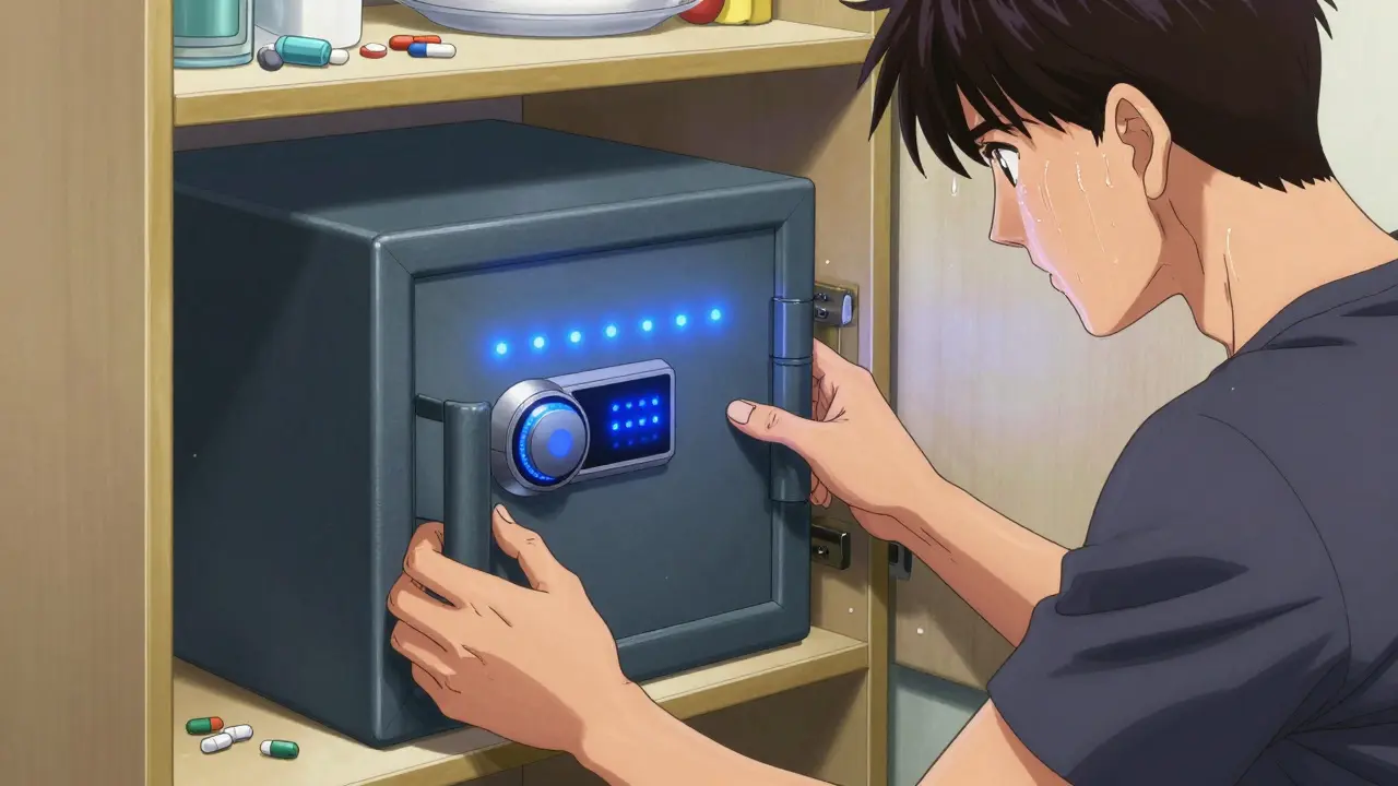 Un adulto cierra una caja de seguridad para medicamentos con luz de alerta brillante.