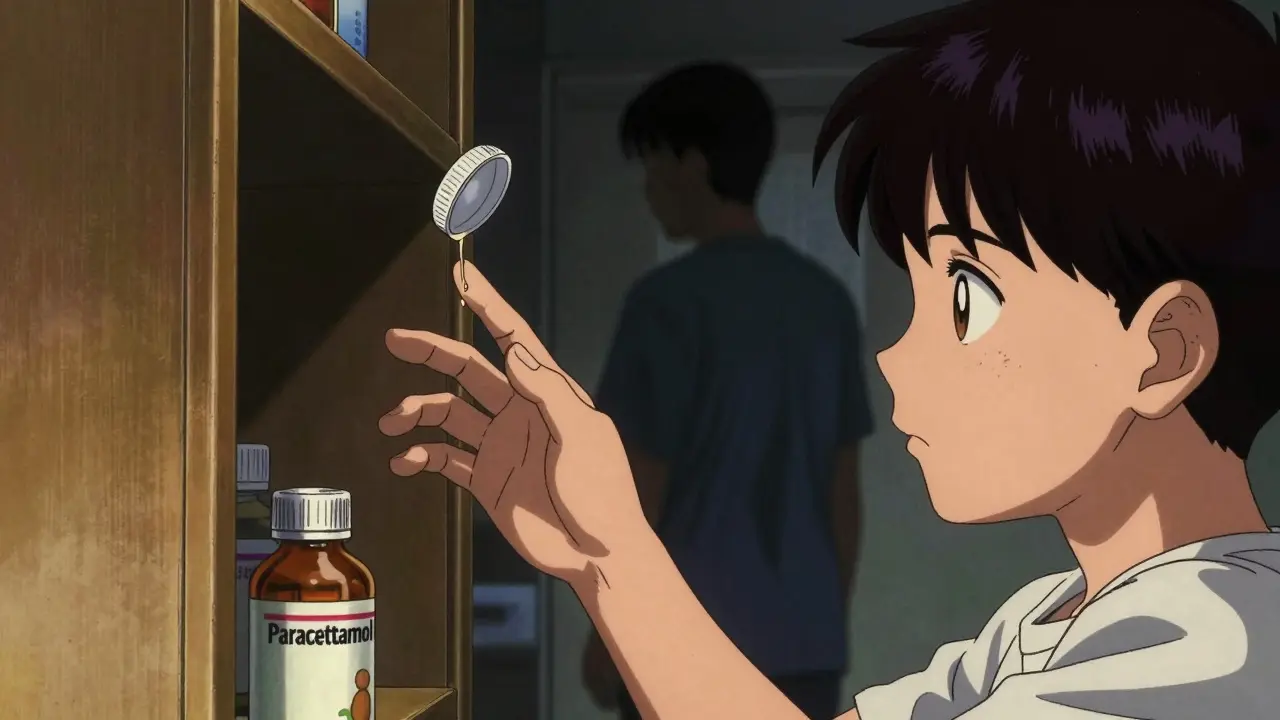 Un niño alcanza una botella de medicina en un gabinete alto mientras un cuidador se aleja.