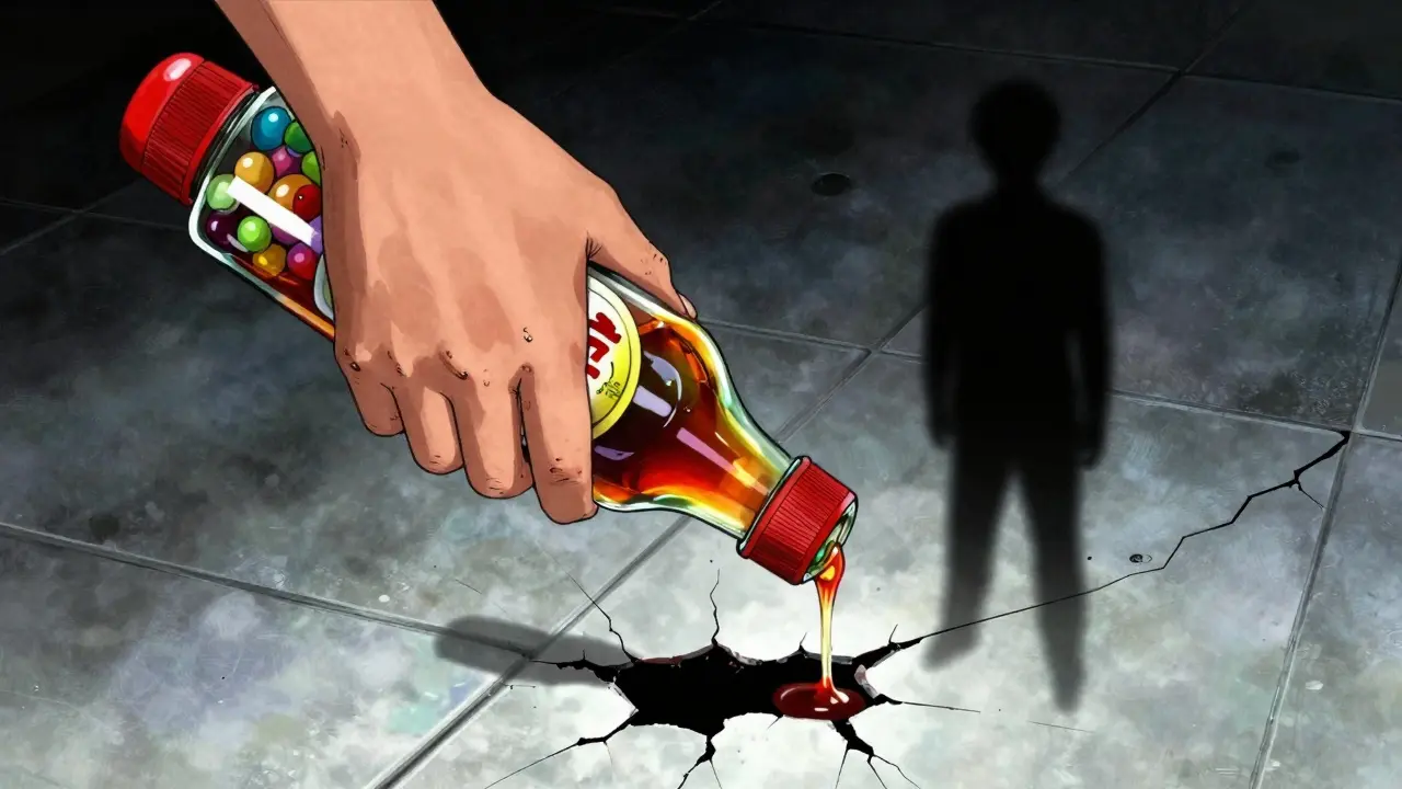 Una botella de jarabe colorido parece un dulce, abandonada en el suelo mientras una figura adulta se aleja.