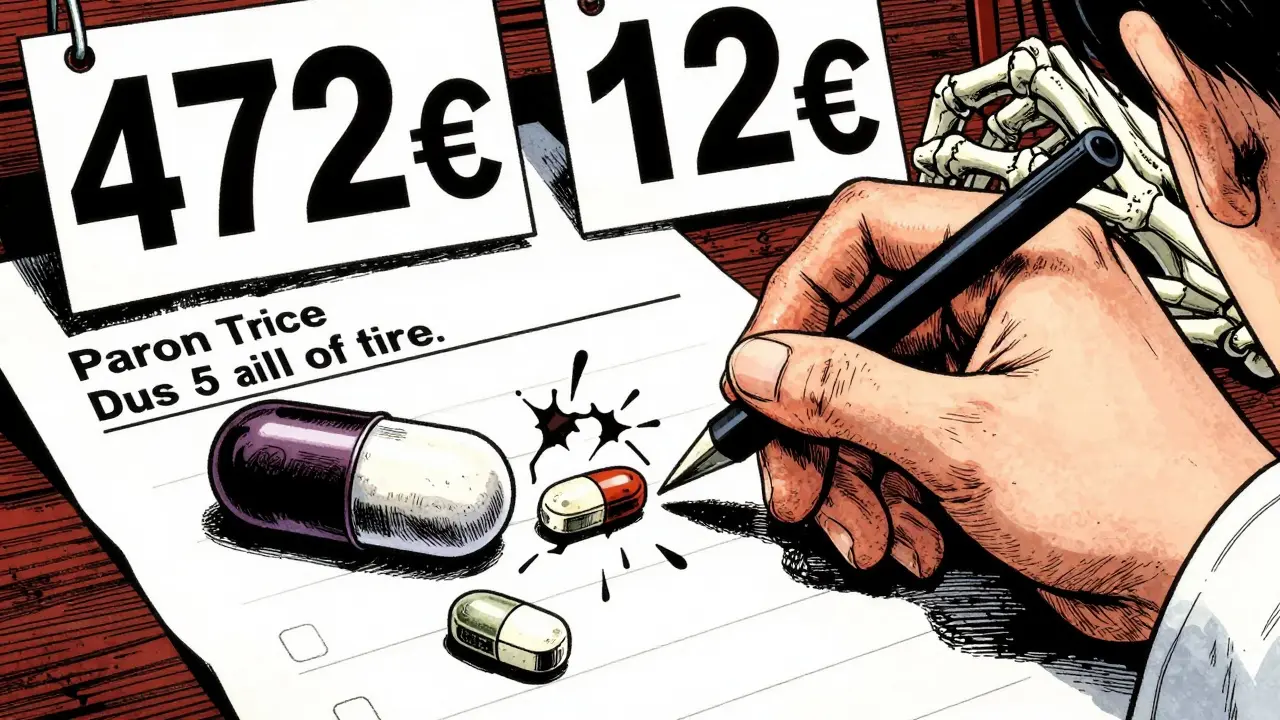 Una mano escribe una receta que se transforma en manos esqueléticas descomponiendo una pastilla de marca en componentes genéricos, con etiquetas de precio flotantes.