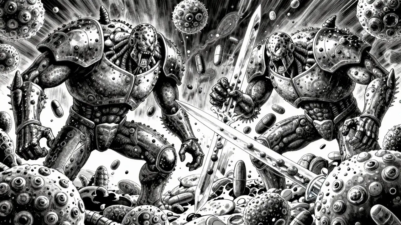 Batalla conceptual entre bacterias y antibióticos representados como guerreros y cristales.