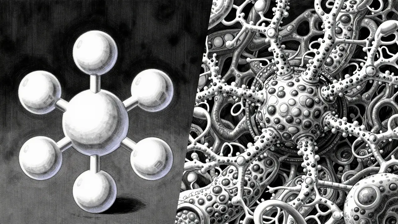 Comparación conceptual entre una estructura química simple y una proteína biológica compleja.