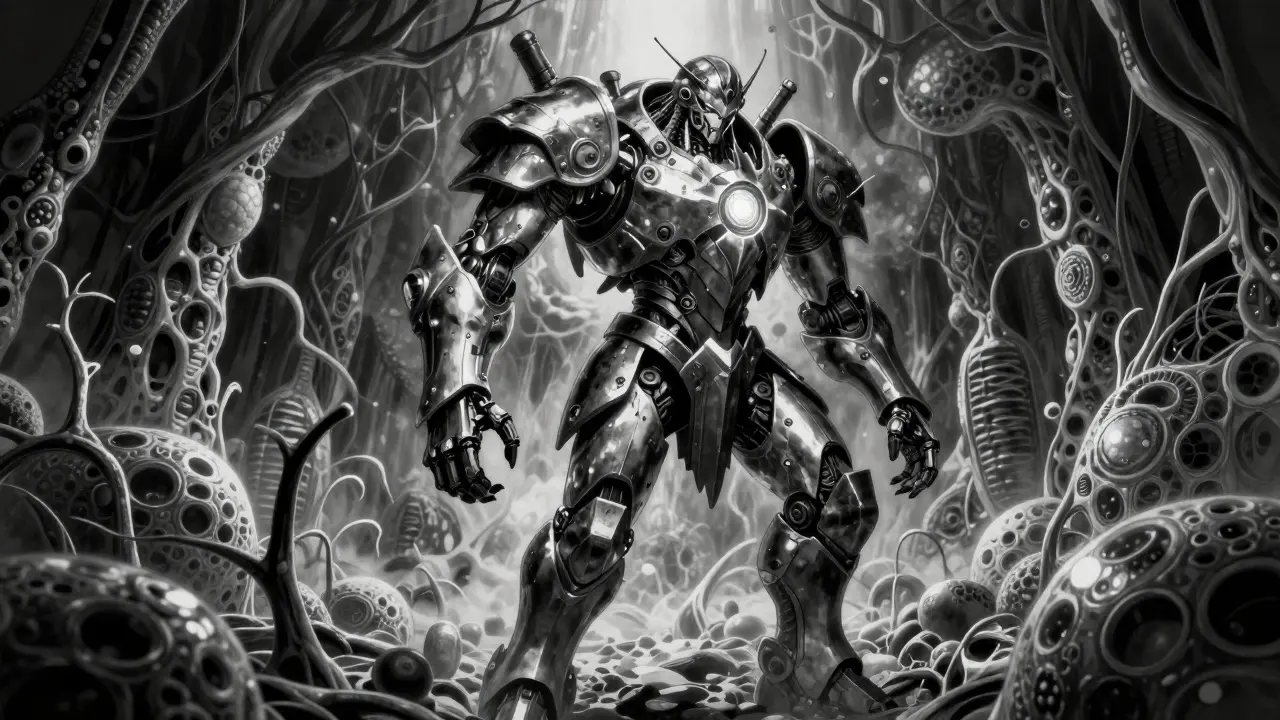 Constructo mecánico protegiendo un núcleo de luz en un entorno biológico.