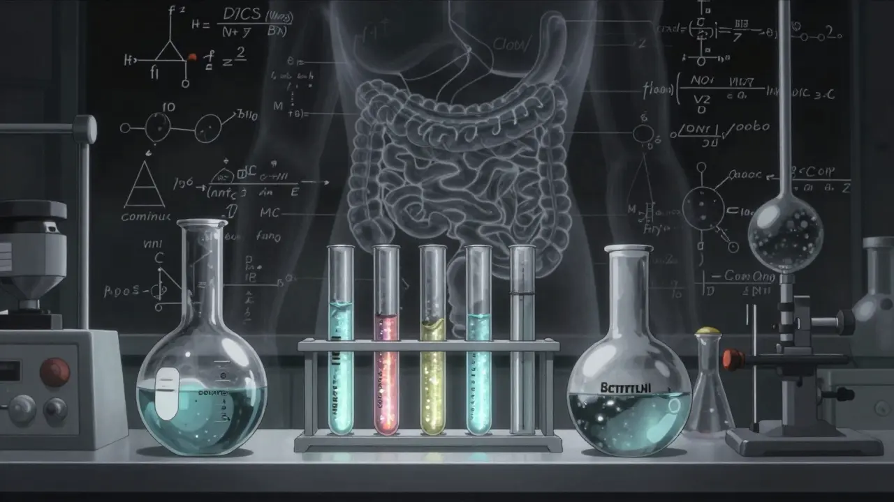Detalle de laboratorio con probetas y esquemas del sistema digestivo representando la clasificación BCS.