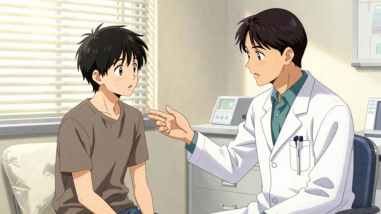 Especialista mostrando resultados de prueba de alergia a paciente tranquilo.