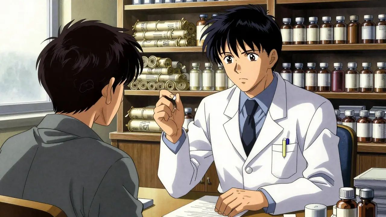 Farmacéutico explicando la transición a un medicamento genérico a un paciente preocupado.