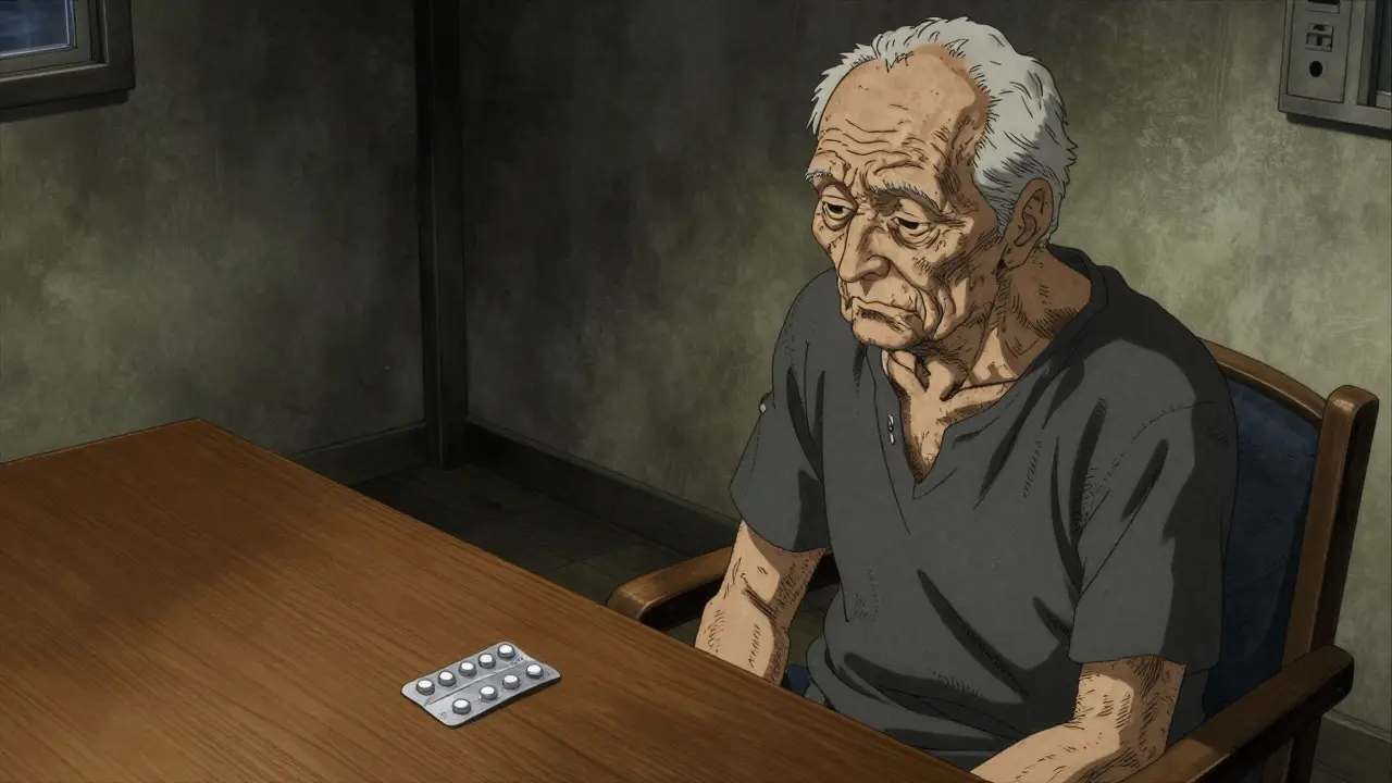 Hombre mayor con aspecto frágil y melancólico junto a un blíster de pastillas vacío.