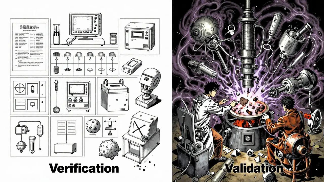 Ilustración conceptual que contrasta los procesos de verificación y validación en un laboratorio clínico.