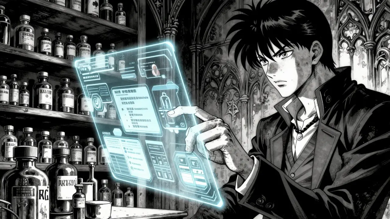 Interfaz digital de farmacia online con estética de arte de Kentaro Miura